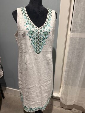 J. Jill White Love Linen Boho Coastal Aqua Embroidery Design Split Side Hem M